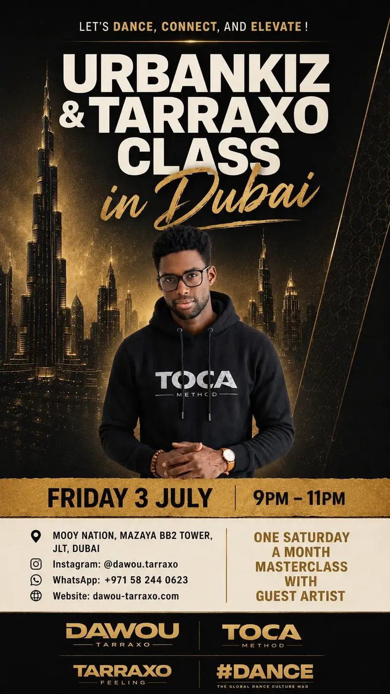 Learn Kizomba in Dubai — official affiche for the Urbankiz & Tarraxo class with Dawou Tarraxo, every Friday from 3 July 2026, 9PM–11PM, Moov Nation JLT