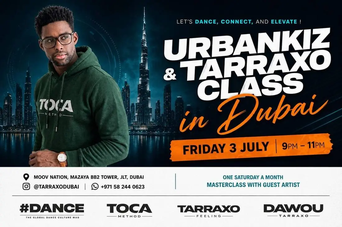 Official flyer variant — Urbankiz & Tarraxo classes in Dubai, Moov Nation JLT, with Burj Khalifa skyline