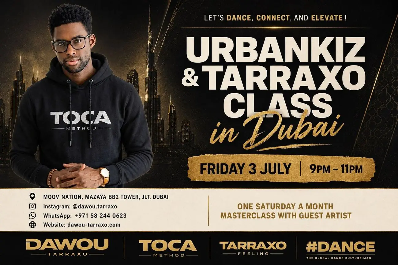 Official flyer — Urbankiz & Tarraxo classes in Dubai with Dawou Tarraxo, every Friday from 3 July 2026, 9PM–11PM, Moov Nation JLT